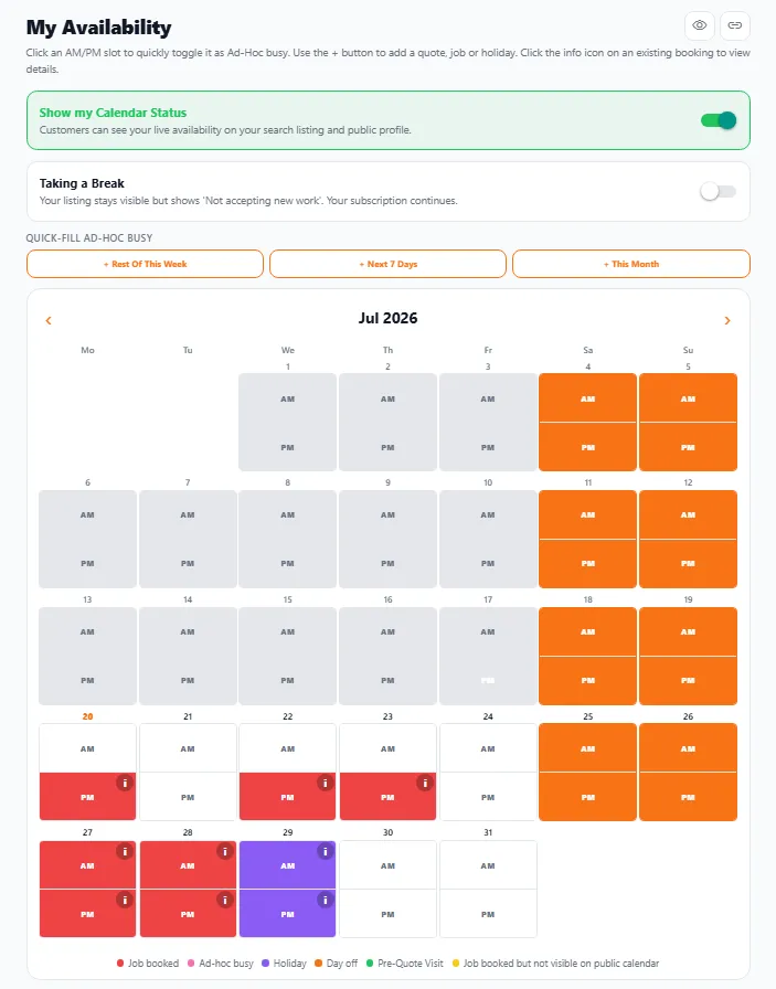 The My Availability calendar: a 'Show my Calendar Status' toggle, a 'Taking a Break' toggle, quick-fill buttons for marking yourself busy, and a month view where each day has AM and PM cells colour-coded for jobs, ad-hoc busy, holidays, days off and pre-quote visits.