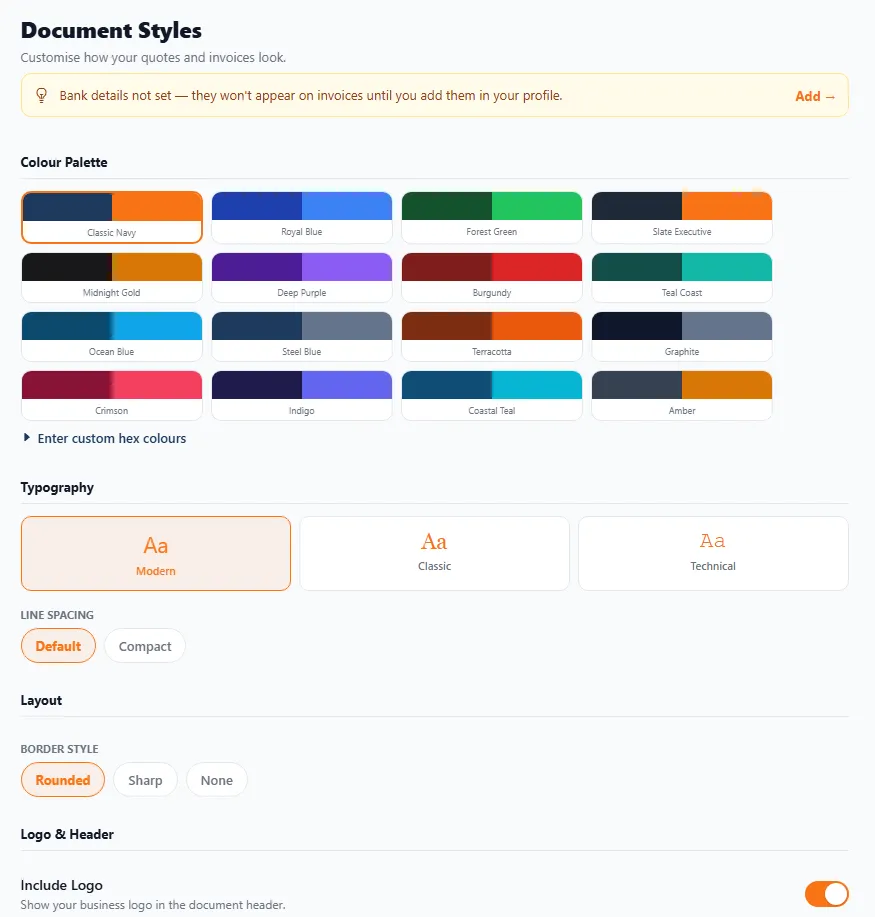 The Document Styles screen: a colour palette of named presets (Classic Navy, Royal Blue, Forest Green and many more) plus custom hex colours, typography options (Modern, Classic, Technical), line spacing, a border style (Rounded, Sharp, None) and an Include Logo toggle.