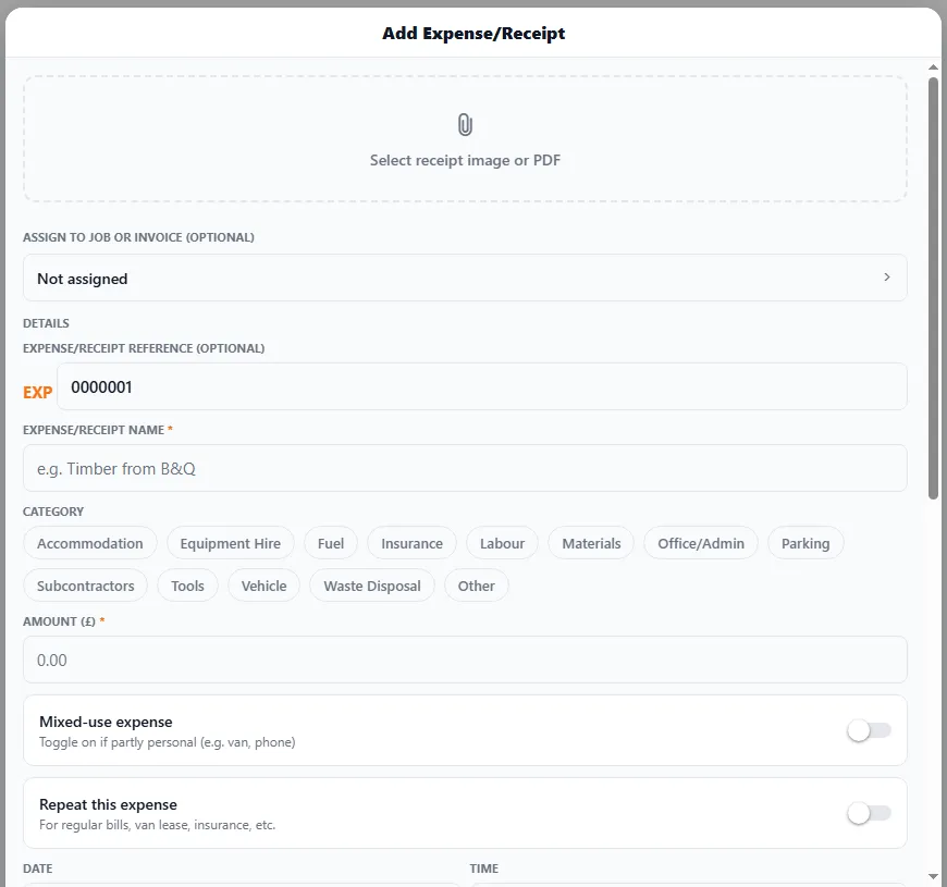 The Add Expense/Receipt form: attach a receipt image or PDF, optionally assign it to a job or invoice, an EXP reference, a name, a category (Fuel, Materials, Tools, Insurance and more), an amount, and toggles for a mixed-use expense and a repeating expense.