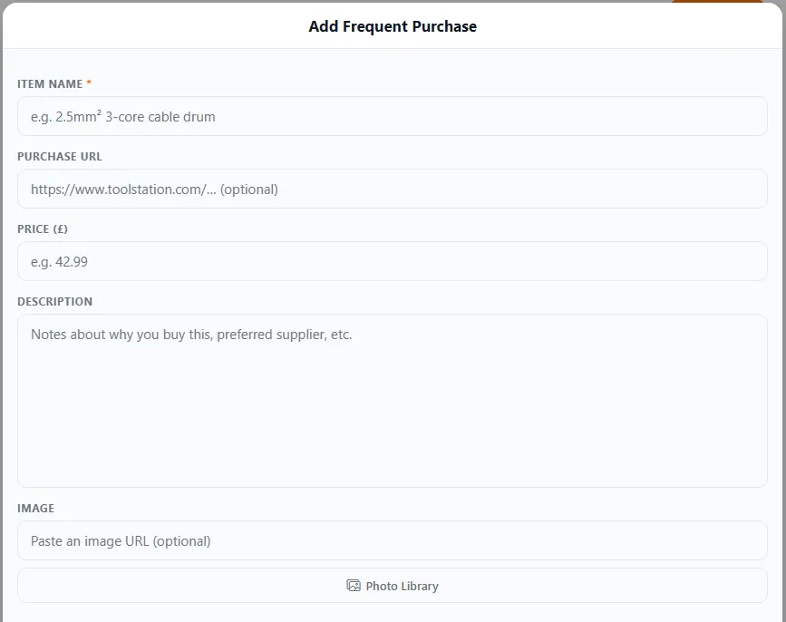 The Add Frequent Purchase form: an item name, an optional purchase URL, a price, a description for notes such as the preferred supplier, and an optional image.