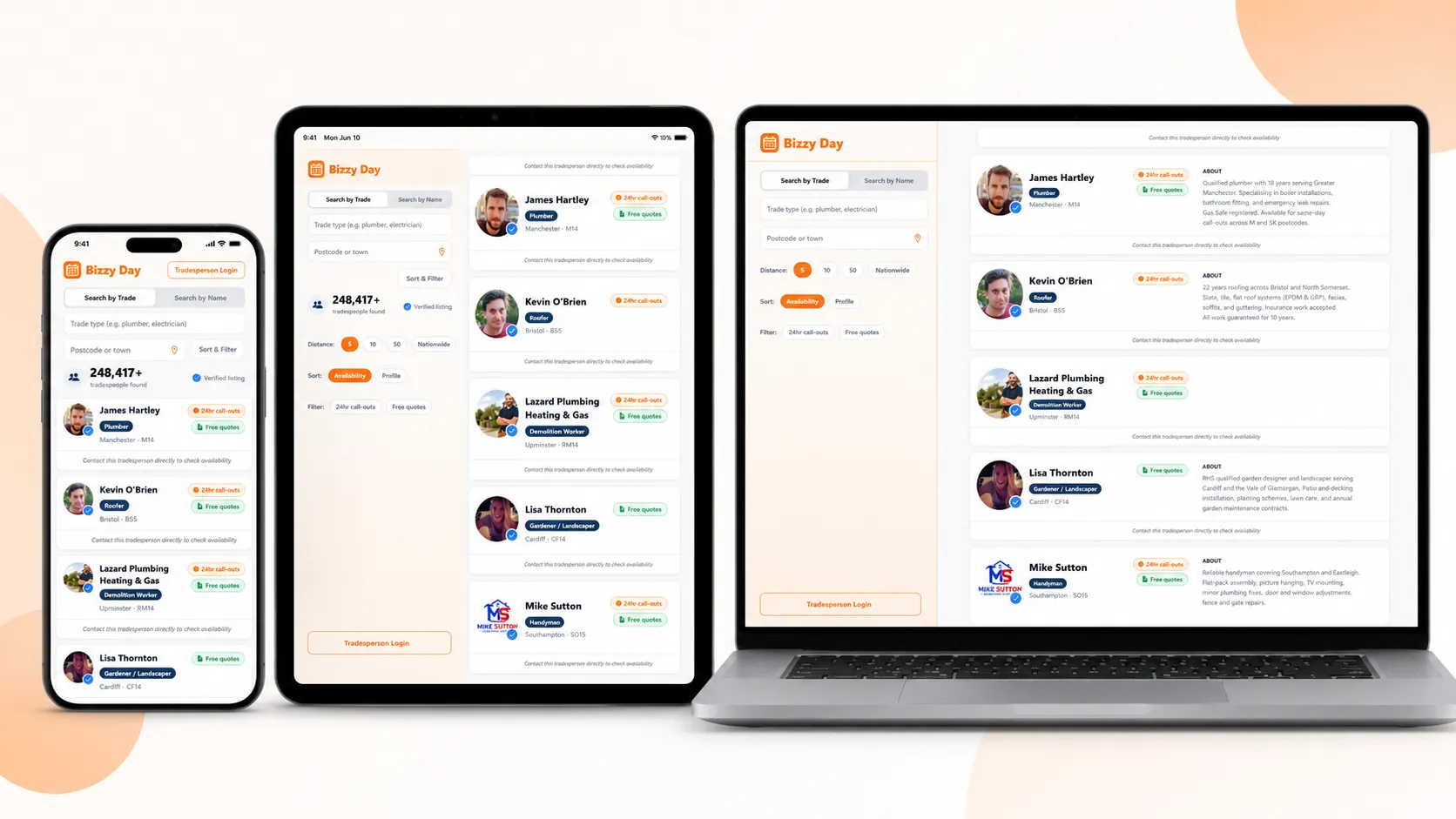 BizzyDay running on a phone, tablet and laptop, showing a search for available tradespeople near you.