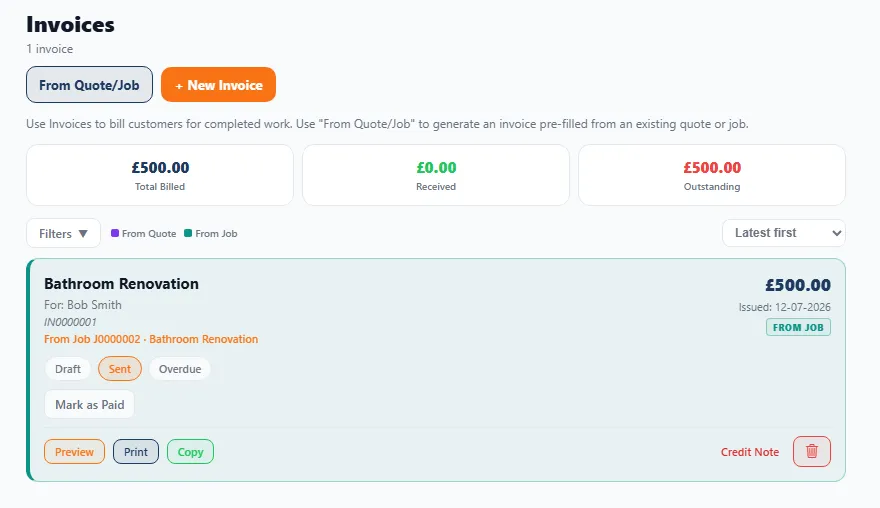The Invoices screen: 'From Quote/Job' and '+ New Invoice' buttons, summary tiles for Total Billed, Received and Outstanding, and an invoice card showing the job, customer, an IN-prefixed reference, amount, status (Draft/Sent/Overdue), a Mark as Paid button, and Preview, Print, Copy and Credit Note actions.