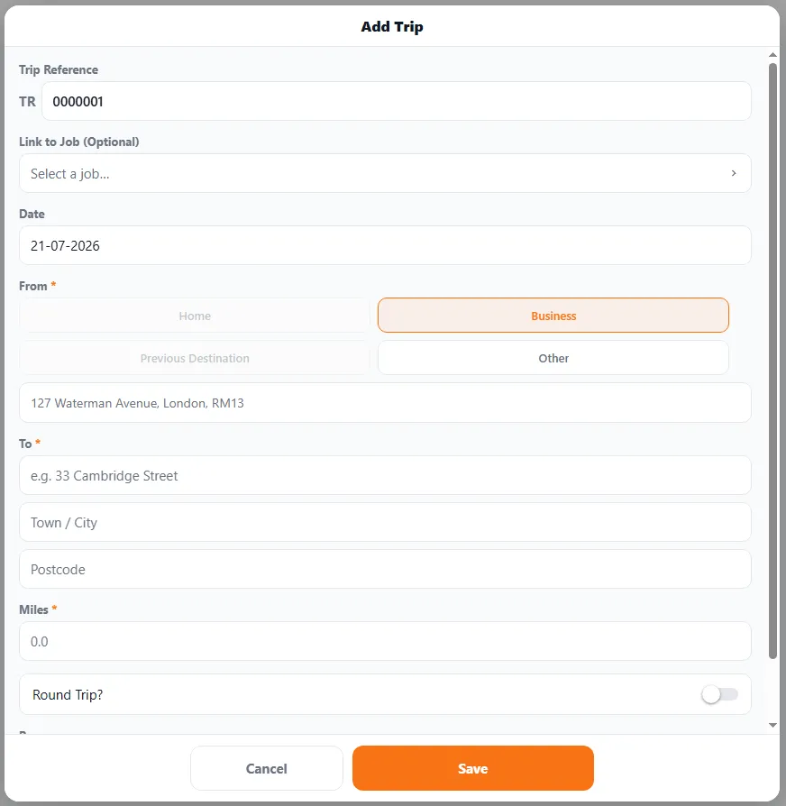 The Add Trip form: a TR reference, an optional link to a job, a date, a From selector (Home, Business, Previous Destination or Other) with address, a To address, a miles field, and a Round Trip toggle.