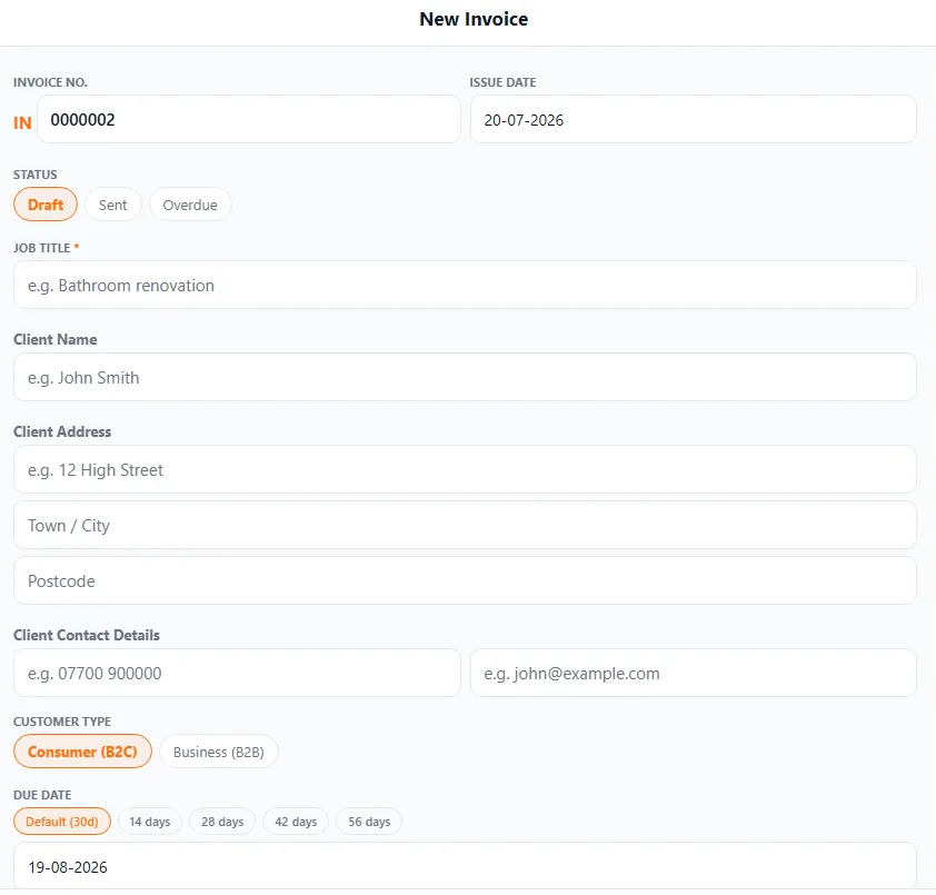 The New Invoice form: an IN-prefixed invoice number, an issue date, a status (Draft/Sent/Overdue), the job title and client details, a Consumer (B2C) / Business (B2B) customer type toggle, and due-date term options (Default 30 days, 14, 28, 42 or 56 days) with the calculated due date.
