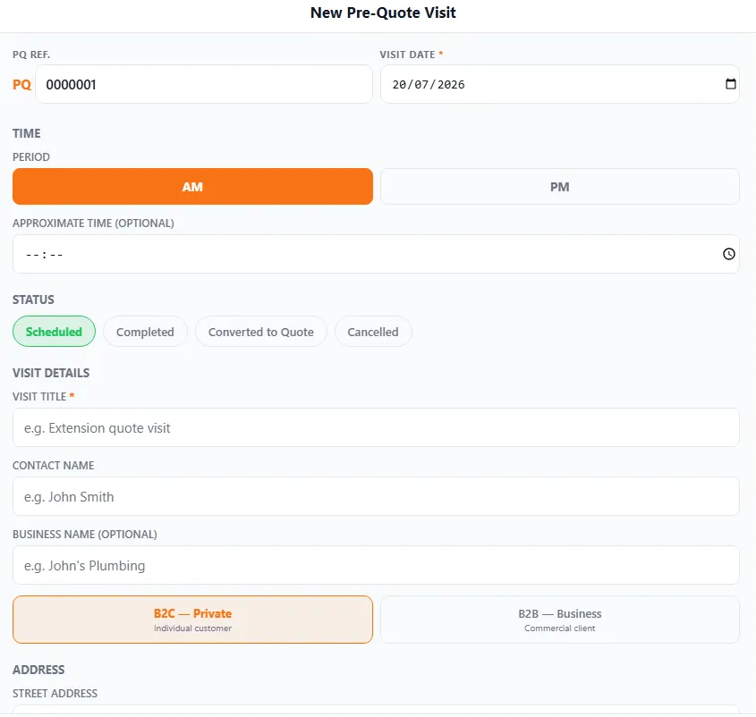 The New Pre-Quote Visit form: a PQ reference number, a visit date with an AM/PM period and optional time, a status (Scheduled, Completed, Converted to Quote or Cancelled), and visit details including a title, contact name, business name, a B2C/B2B toggle and an address.