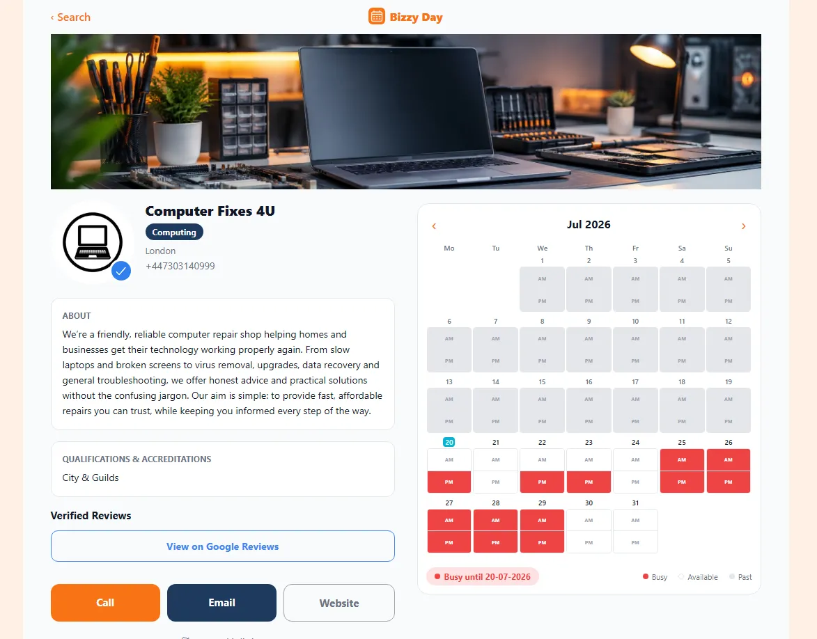 A finished BizzyDay public profile as customers see it: cover photo, business name, trade, location, phone number, verified tick, About section, qualifications, a verified reviews link, Call/Email/Website buttons, and a month availability calendar.