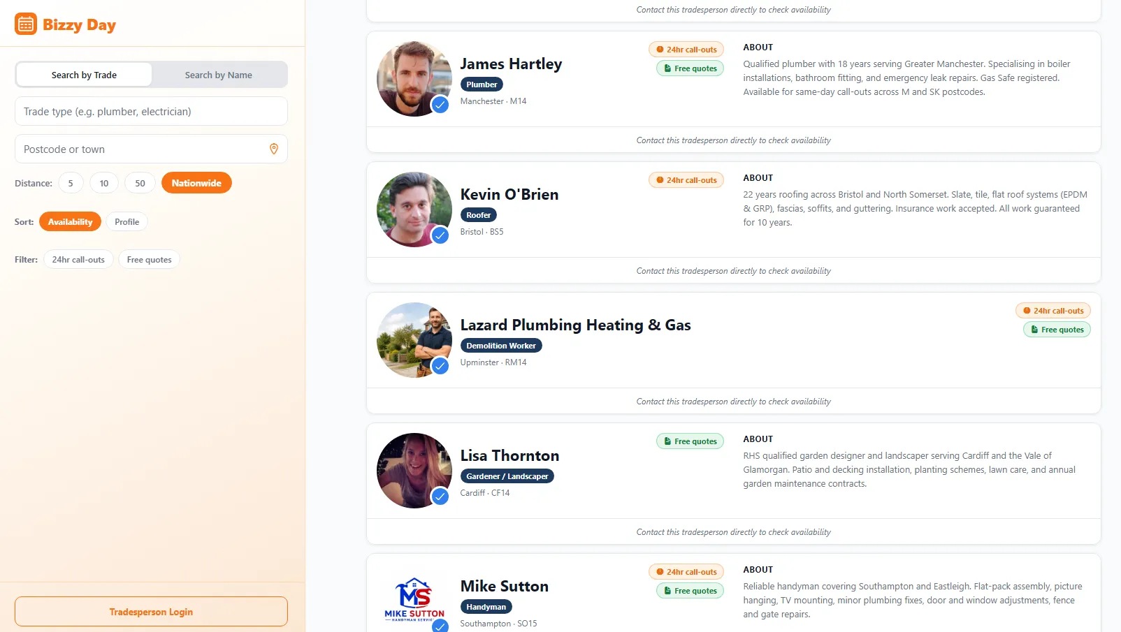 The BizzyDay customer search screen: a filter panel on the left with Search by Trade or Name, trade type, postcode, distance (5/10/50 miles or Nationwide), sort and filter options; and tradesperson result cards on the right showing names, trades, locations, verified ticks and About text.