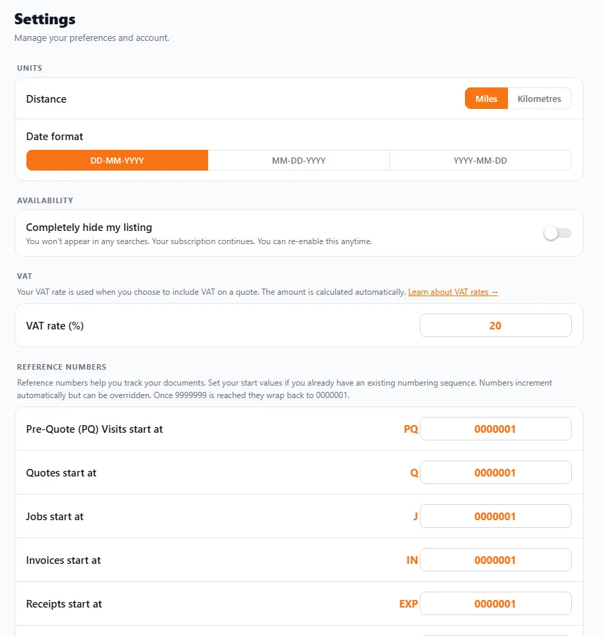 The BizzyDay Settings screen: Units (distance in miles or kilometres, and date format), an option to completely hide your listing, a VAT rate field, and document reference number start values for pre-quote visits, quotes, jobs, invoices and receipts.