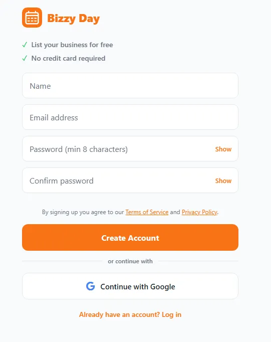 The BizzyDay sign-up screen: name, email address and password fields, a Create Account button, and a Continue with Google option.