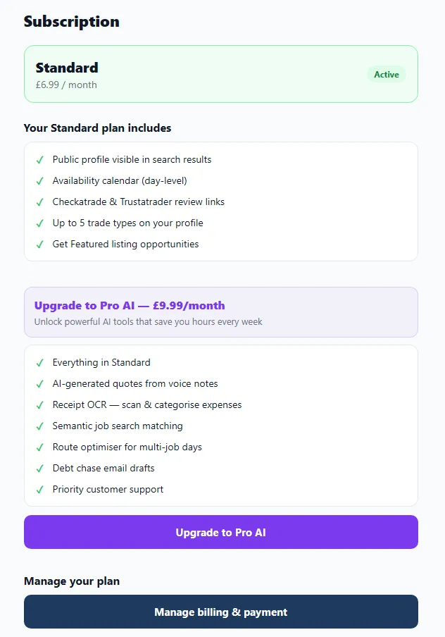 The BizzyDay Subscription screen: an Active 'Standard — £6.99/month' card, a list of what the Standard plan includes, an 'Upgrade to Pro AI — £9.99/month' panel with its feature list and button, and a 'Manage billing & payment' button.